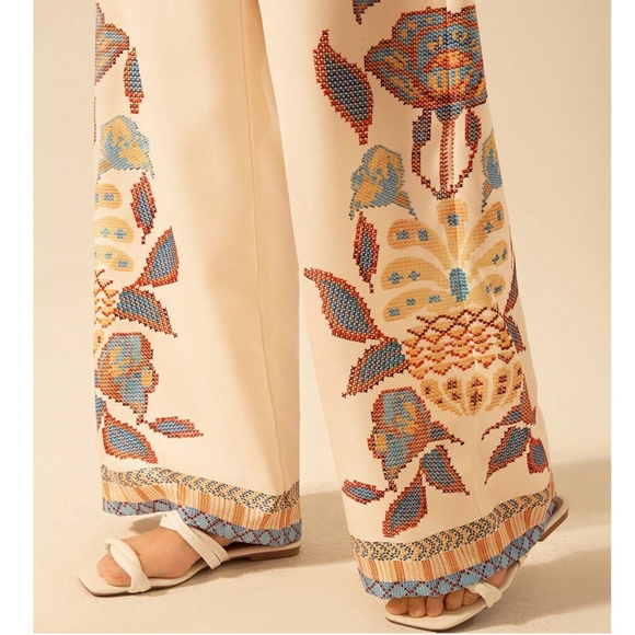 Boho Floral Print Stretchy Waist Straight Leg Pants - Picture 4 of 5